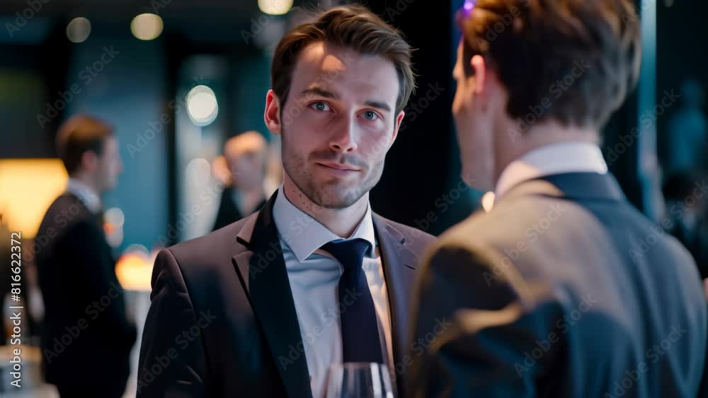 A man dressed in a suit and tie holds a glass of wine at a networking event, A business man networking at a corporate event