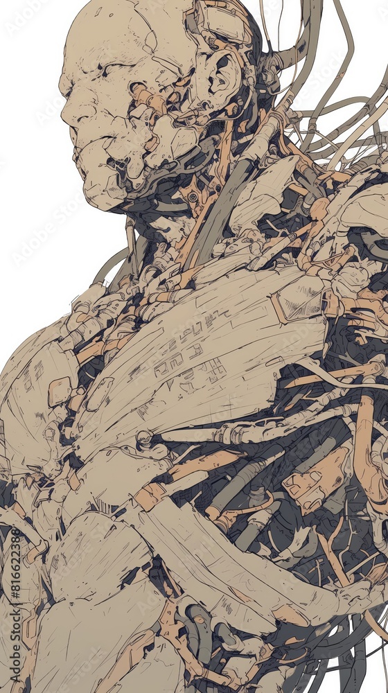 Naklejka premium A highly detailed painting of a steampunk cyborg