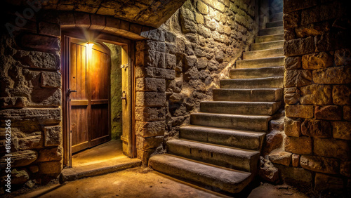 In the depths of an old building  ancient stone steps guide the way to an open basement door  where darkness and secrets intertwine  waiting to be explored