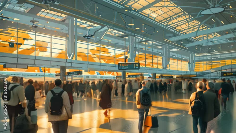 Crowd of travelers walking through busy airport terminal, A bustling airport terminal with travelers rushing to their gates