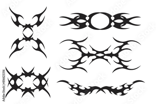 Set Neo tribal y2k aesthetic tattoo gothic cover, fire or wings abstract silhouette isolated on background. Divider, border, cyber body ornament, neotribal web goth decoration