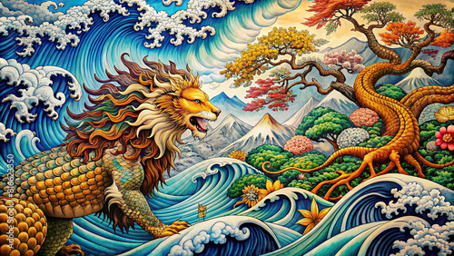 Intricately detailed hand-drawn art depicting a harmonious blend of Asian wave, tree, lion, and eagle themes, infused with modern aesthetics.