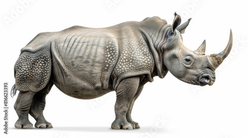A young rhinoceros  side view  white solid background  photorealistic  professional studio light