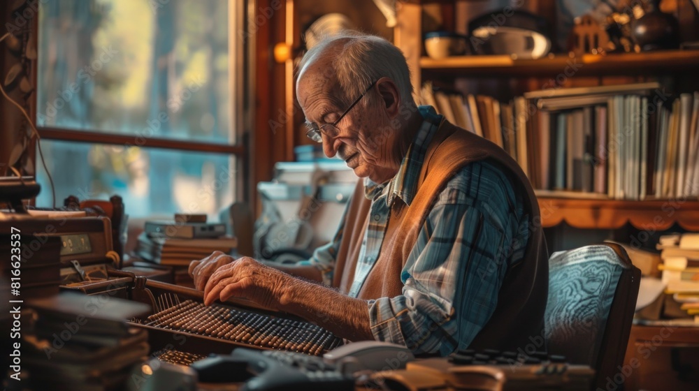 Elderly Man Calculating with Traditional Abacus