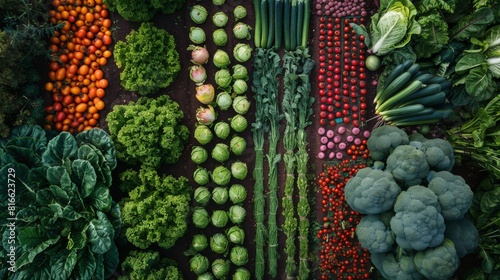 Aerial view of a diverse organic vegetable farm with high-tech farming equipment