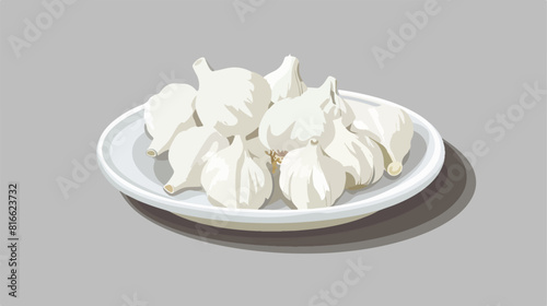 Plate with fresh garlic on grey background Vector style