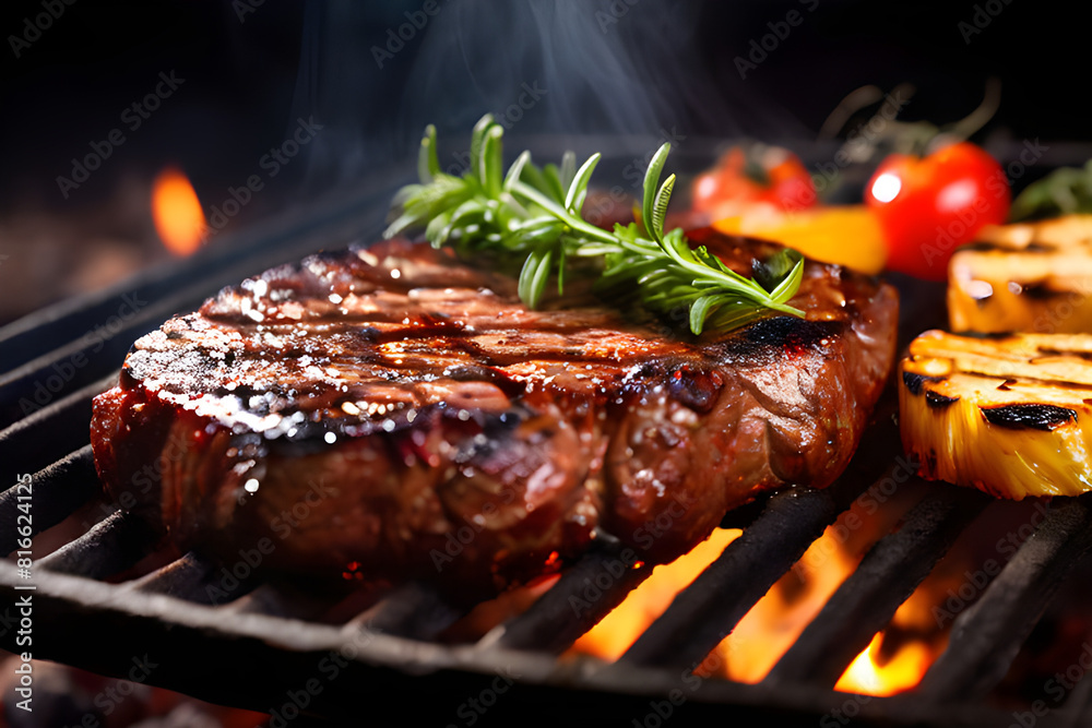 Grilled Beef Steak BBQ. Barbecue Meat Steak outdoor with Vegetables - AI generative 