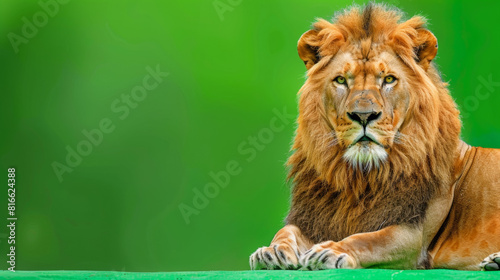 A lion lying down and looking towards the camera. The background is all green