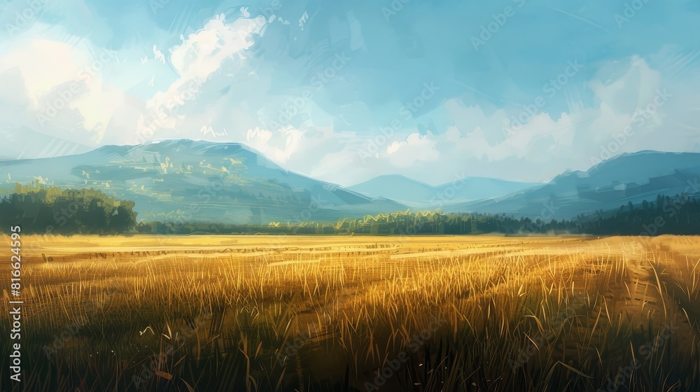 A large corn field with mountain and blue sky 