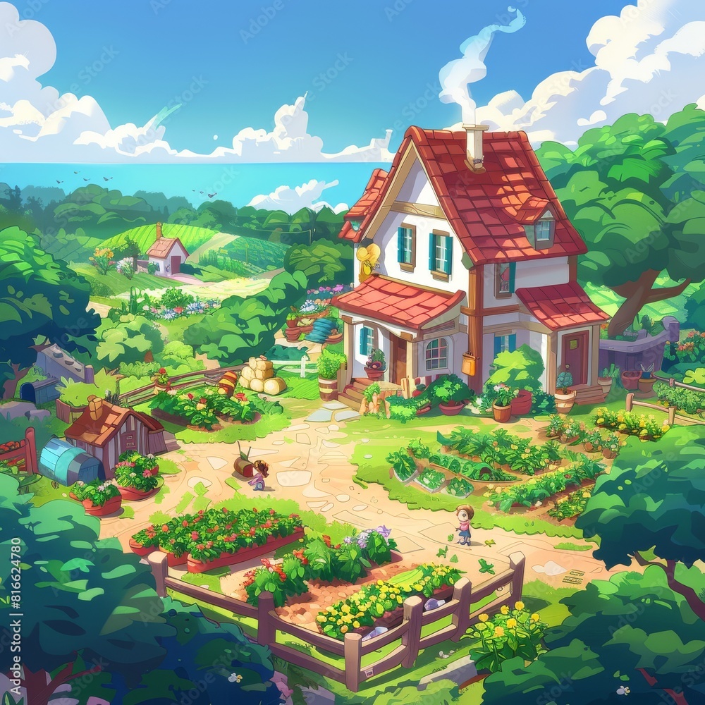 Create an image for a mobile game featuring characters cultivating a ...