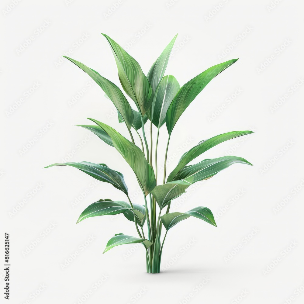 Fototapeta premium A green Aspidistra plant stands against a plain white background
