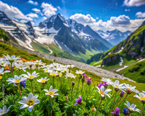 Close-up shot of delicate alpine flowers bursting into bloom against a backdrop of lush greenery  evoking a sense of serenity and tranquility.