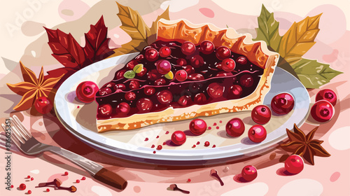Plate with piece of tasty lingonberry pie spices and
