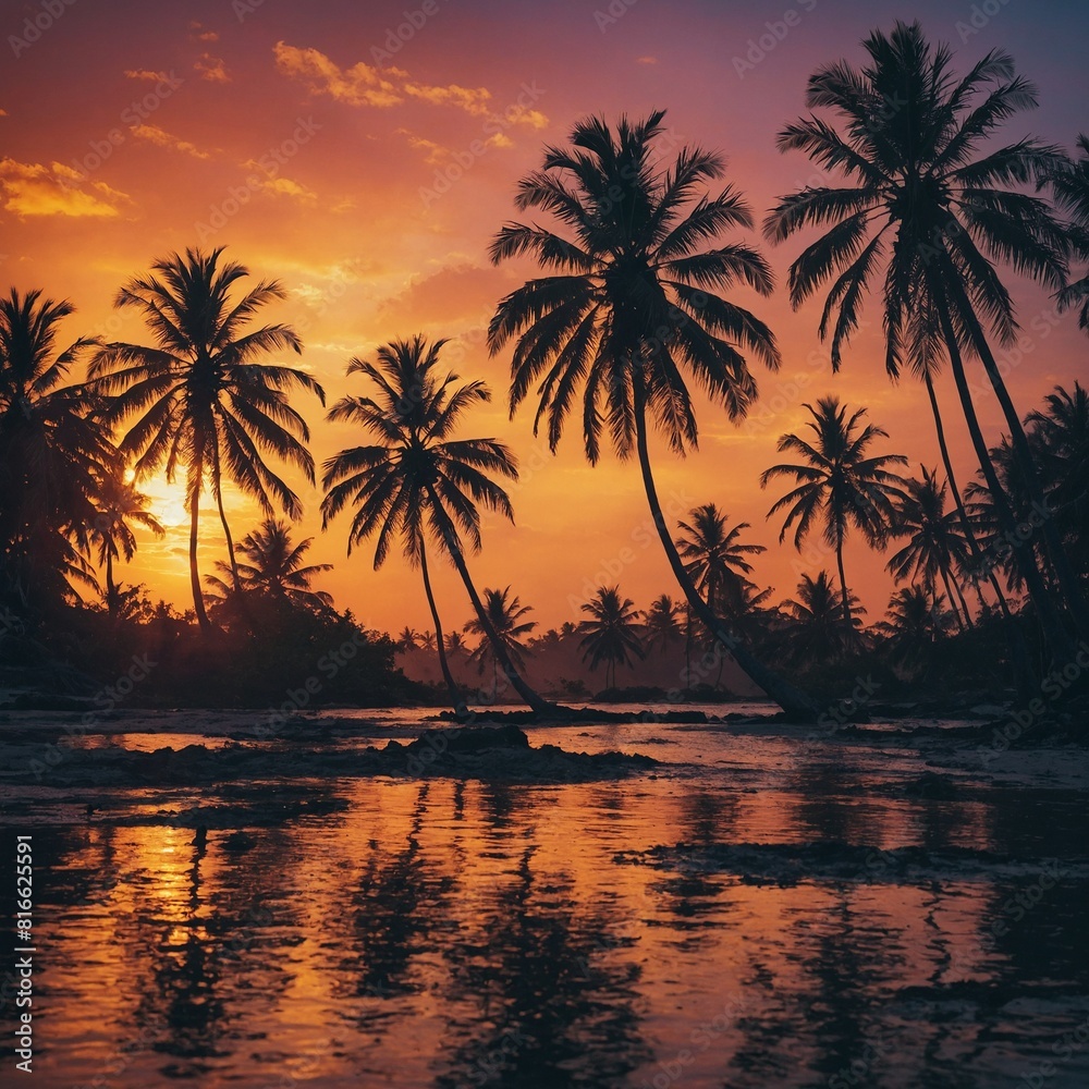 A tropical island with a vibrant sunset and silhouettes of palm trees.