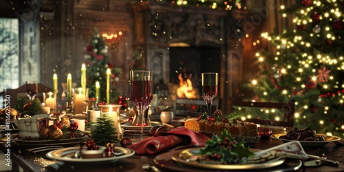 Christmas Table Set With Candles and Fireplace