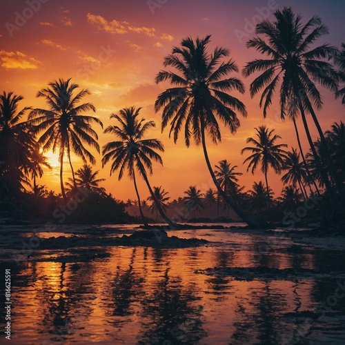 A tropical island with a vibrant sunset and silhouettes of palm trees.