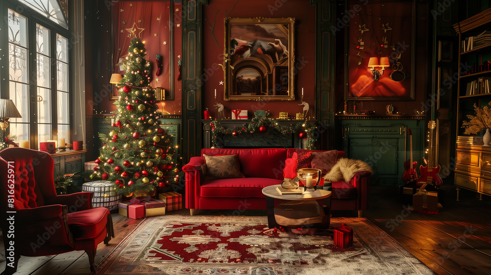 A red couch sits in front of a Christmas tree