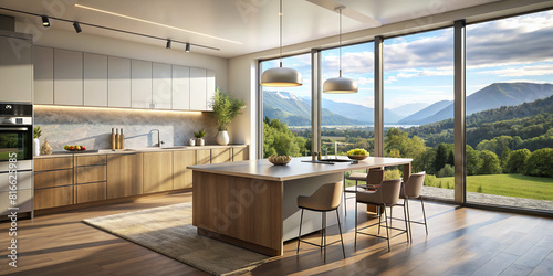 Contemporary kitchen with a minimalist vibe  accentuated by a large window offering scenic views and plenty of sunlight