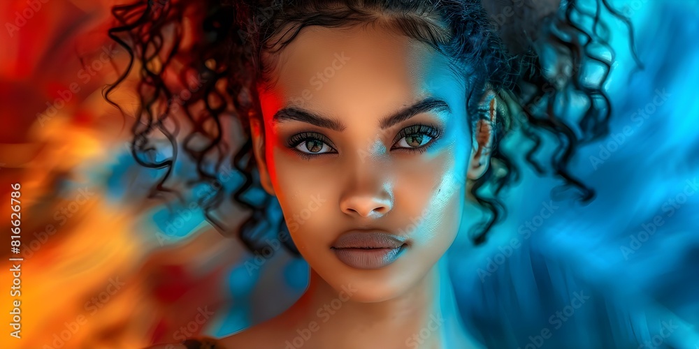 Young mixedrace woman with intense gaze and high curly ponytail. Concept Portrait Photography, Intense Expression, High Ponytail, Mixed-Race Model, Young Woman Young mixedrace woman with intense gaze and high curly ponytail. Concept Portrait Photography, Intense Expression, High Ponytail, Mixed-Race Model, Young Woman