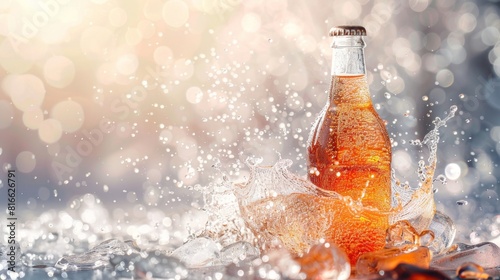 A bottle of orange soda with ice cubes, splashes and drops on the background photo