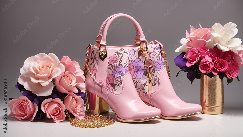A pink floral boot with pink roses coming out of it sits next to a pink A pink floral boot with pink roses coming out of it sits next to a pink