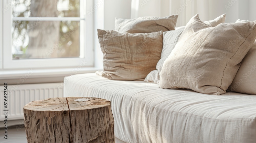 White Sofa With Beige Pillows and Wooden Stump by Window White Sofa With Beige Pillows and Wooden Stump by Window