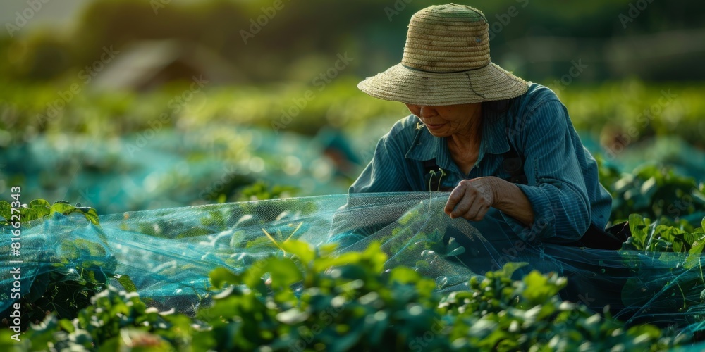 An organic farm worker covering plants with non-toxic protective netting to prevent insect damage. An organic farm worker covering plants with non-toxic protective netting to prevent insect damage.