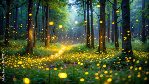Ethereal glow of fireflies casting a spell over a forest clearing, making it seem like a fairy tale come to life. photo