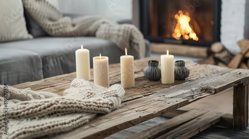 Wooden Table With Candles by Fireplace