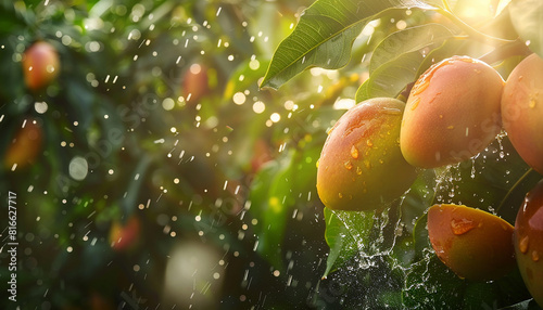 summer fruit mango hanging on a tree with water droplet generated by AI
