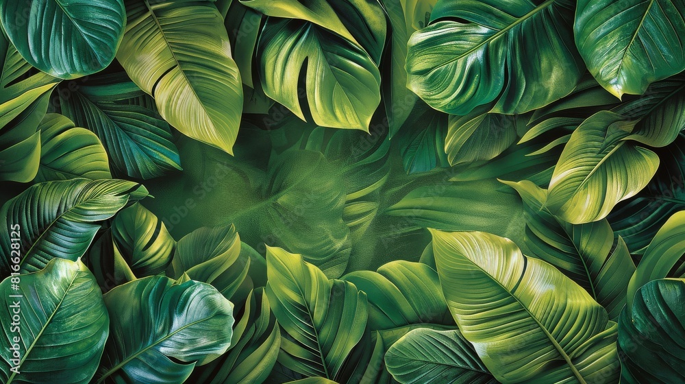 custom made wallpaper toronto digital A collection of exotic tropical leaves, each leaf showcasing intricate patterns and vibrant shades of green.