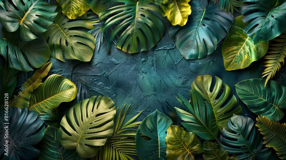 Fototapeta premium a collection of exotic tropical leaves, each leaf showcasing intricate patterns and vibrant shades of green. 