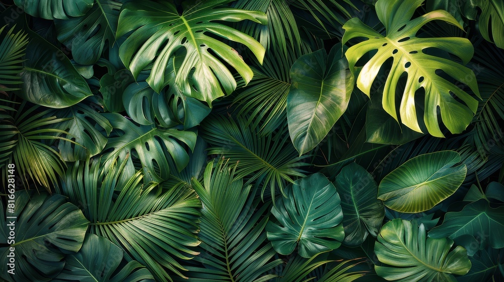 a collection of exotic tropical leaves, each leaf showcasing intricate patterns and vibrant shades of green. a collection of exotic tropical leaves, each leaf showcasing intricate patterns and vibrant shades of green.