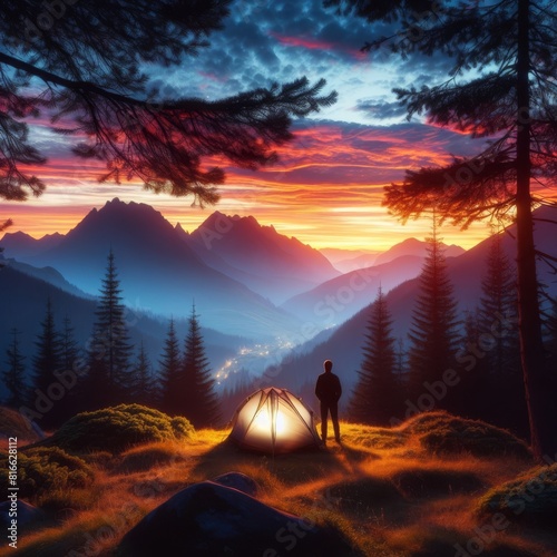 A camper stands at a radiant tent entrance, immersed in the twilight splendor of a mountainous forest vista.. AI Generation