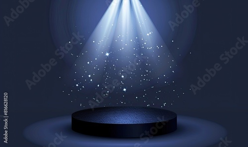 A central podium bathed in blue spotlights creates a dramatic and engaging scene