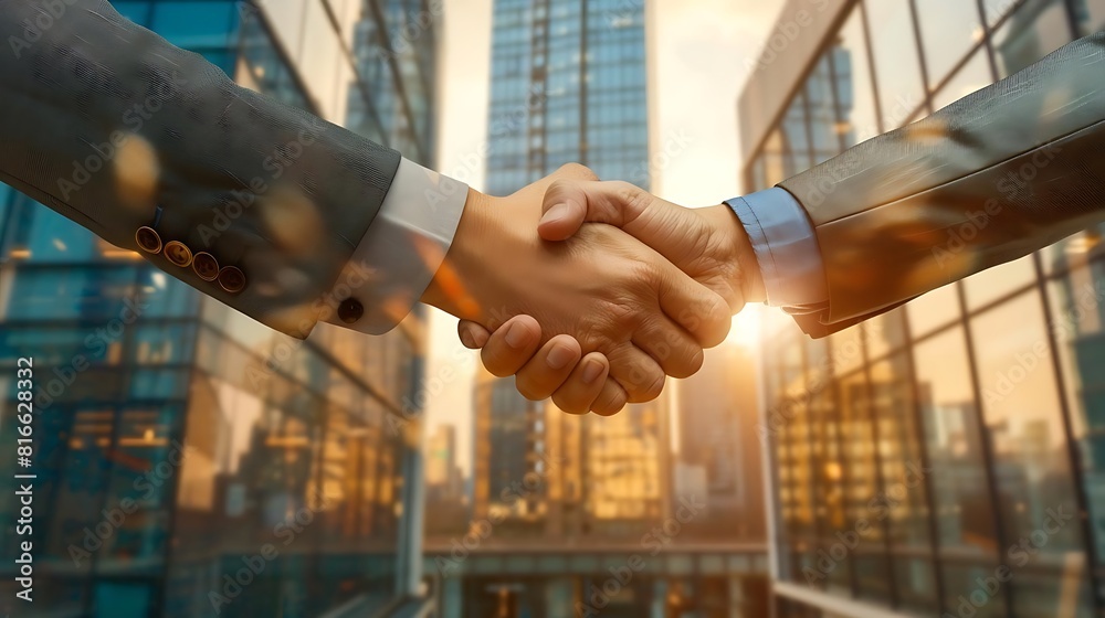 Two business people shaking hands in front of a modern office building. Two business people shaking hands in front of a modern office building.
