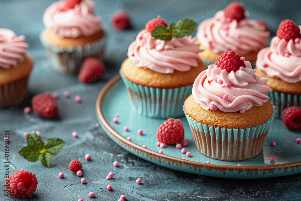 Pink frosted cupcakes with raspberries perfect for dessert menus, bakery ads, and recipe blogs. Pink frosted cupcakes with raspberries perfect for dessert menus, bakery ads, and recipe blogs.