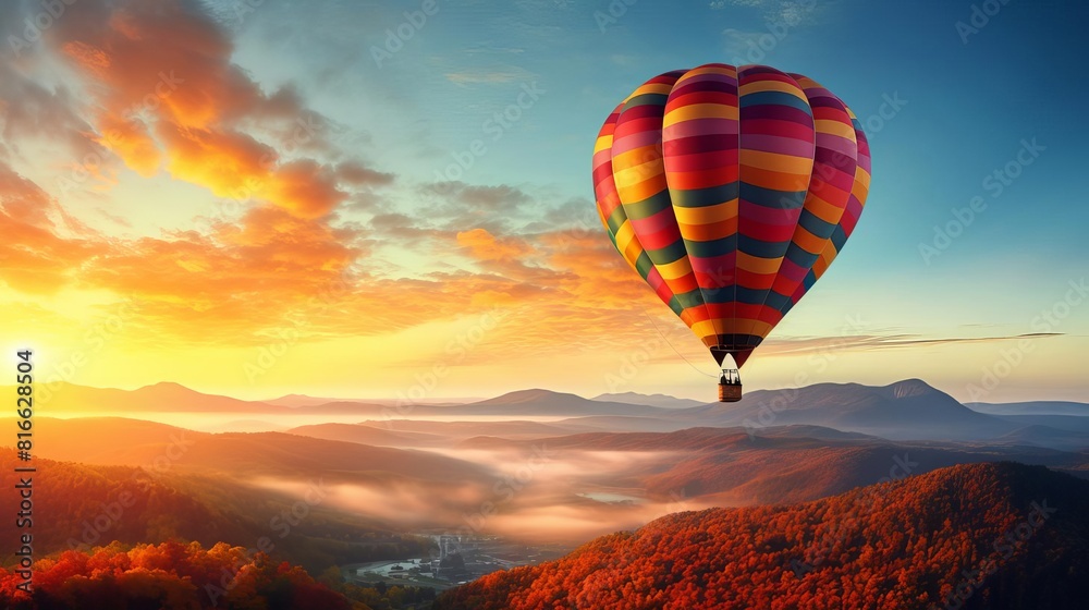 Hot air balloon flies over the mountains at sunrise.