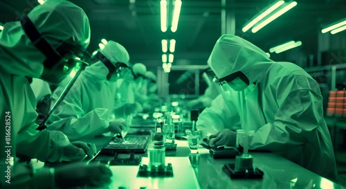 Doctors and engineers in protective suits work on a neural chip that interacts with the human brain in a laboratory. photo