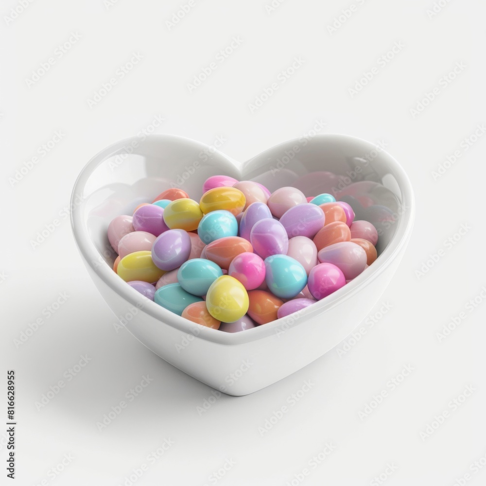 A white bowl filled with various colorful candies arranged in a heart shape A white bowl filled with various colorful candies arranged in a heart shape
