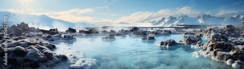 Hot spring water flowing over rocks in a beautiful winter landscape with snow capped mountains in the background.