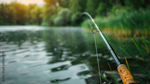 A fishing rod at a lake Banner of fishing tournament Sport concept