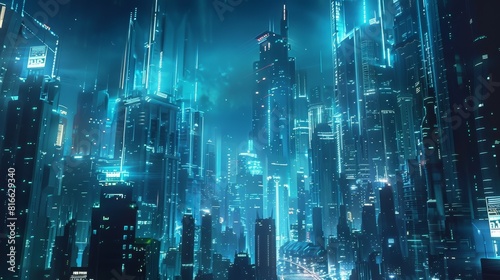 A powerful image of a futuristic cityscape at night  glowing with neon lights and cuttingedge architecture