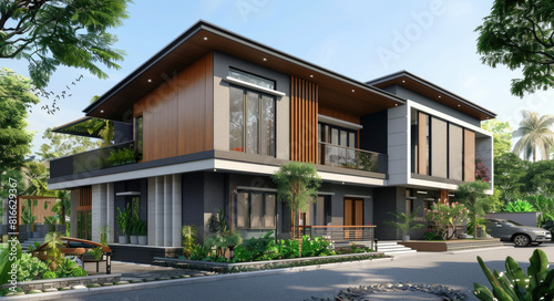 3D modern style Kerala house design with square shape, front elevation © Kien