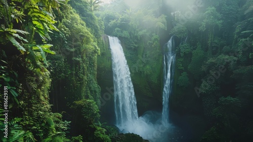 A powerful image of a majestic waterfall in a lush rainforest, capturing the vibrant and untouched natural beauty
