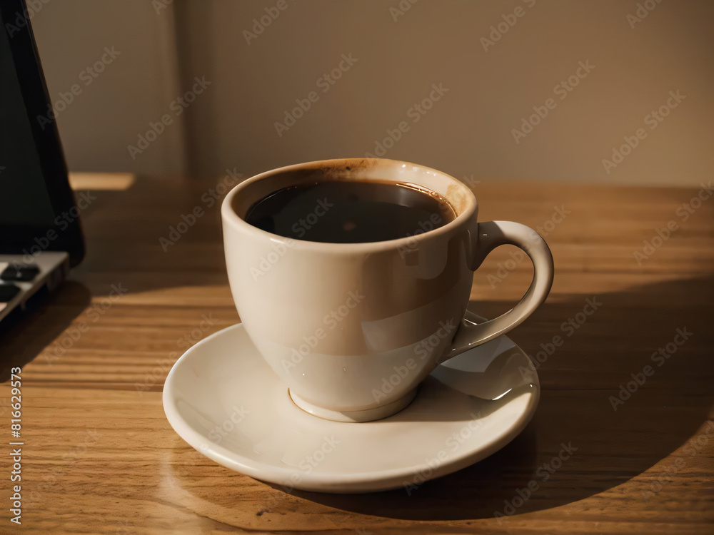 a cozy scene with a cup of coffee on a saucer, placed next to a laptop on a wooden surface, illuminated by warm light