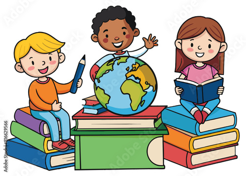 Boy and girls learning or studying. children with Back to School Concept education.Pupils holding textbooks and school Earth Globe icon model