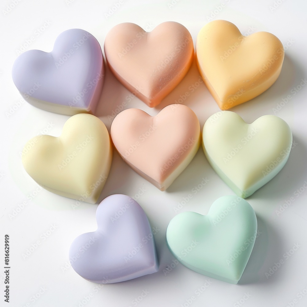 Array of six heart shaped soaps in pastel colors on a white background Array of six heart shaped soaps in pastel colors on a white background