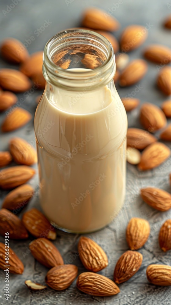 Almond milk fills tall glass, scattered almonds nearby, dairy-free option, on white backdrop Almond milk fills tall glass, scattered almonds nearby, dairy-free option, on white backdrop