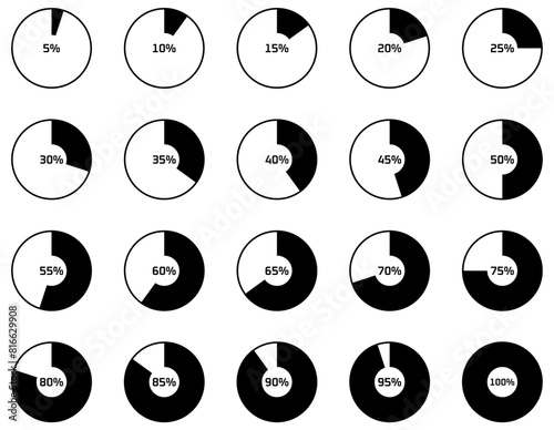様々な割合の円グラフのベクターイラストセット